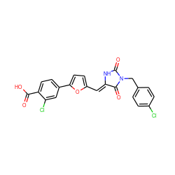 O=C(O)c1ccc(-c2ccc(/C=C3\NC(=O)N(Cc4ccc(Cl)cc4)C3=O)o2)cc1Cl ZINC000012731910