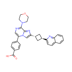 O=C(O)c1ccc(-c2cnc(N3CCOCC3)c3nc([C@H]4C[C@H](c5ccc6ccccc6n5)C4)cn23)cc1 ZINC001772604626