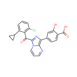 O=C(O)c1ccc(-c2nc(C(=O)c3c(Cl)cccc3C3CC3)n3cccnc23)cc1O ZINC000473082177