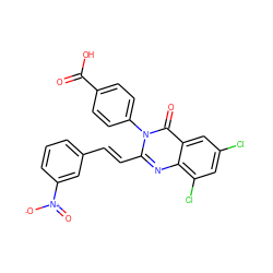 O=C(O)c1ccc(-n2c(/C=C/c3cccc([N+](=O)[O-])c3)nc3c(Cl)cc(Cl)cc3c2=O)cc1 ZINC000058575394