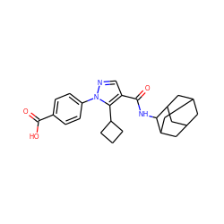 O=C(O)c1ccc(-n2ncc(C(=O)NC3C4CC5CC(C4)CC3C5)c2C2CCC2)cc1 ZINC000095575659