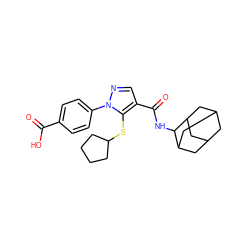 O=C(O)c1ccc(-n2ncc(C(=O)NC3C4CC5CC(C4)CC3C5)c2SC2CCCC2)cc1 ZINC000095578095