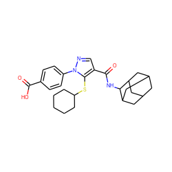 O=C(O)c1ccc(-n2ncc(C(=O)NC3C4CC5CC(C4)CC3C5)c2SC2CCCCC2)cc1 ZINC000095572334