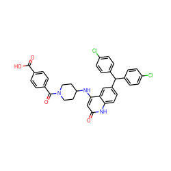 O=C(O)c1ccc(C(=O)N2CCC(Nc3cc(=O)[nH]c4ccc(C(c5ccc(Cl)cc5)c5ccc(Cl)cc5)cc34)CC2)cc1 ZINC001772634007