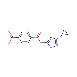 O=C(O)c1ccc(C(=O)Nc2cc(C3CC3)n[nH]2)cc1 ZINC000013580438