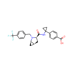 O=C(O)c1ccc(C2(NC(=O)[C@H]3C[C@H]4C[C@H]4N3Cc3ccc(C(F)(F)F)cc3)CC2)cc1 ZINC000147623119