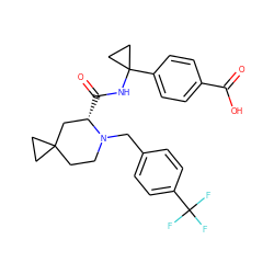 O=C(O)c1ccc(C2(NC(=O)[C@H]3CC4(CCN3Cc3ccc(C(F)(F)F)cc3)CC4)CC2)cc1 ZINC000206340555