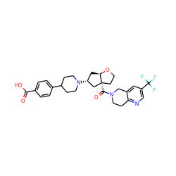 O=C(O)c1ccc(C2CCN([C@@H]3C[C@H]4OCC[C@@]4(C(=O)N4CCc5ncc(C(F)(F)F)cc5C4)C3)CC2)cc1 ZINC000169334922