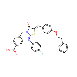 O=C(O)c1ccc(CN2C(=O)/C(=C/c3ccc(OCCc4ccccc4)cc3)S/C2=N\c2ccc(F)cc2)cc1 ZINC001772613381