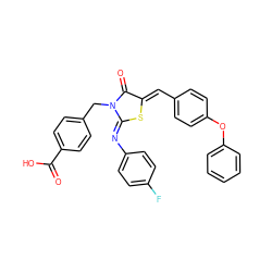 O=C(O)c1ccc(CN2C(=O)/C(=C/c3ccc(Oc4ccccc4)cc3)S/C2=N\c2ccc(F)cc2)cc1 ZINC001772592217