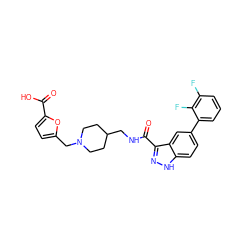 O=C(O)c1ccc(CN2CCC(CNC(=O)c3n[nH]c4ccc(-c5cccc(F)c5F)cc34)CC2)o1 ZINC000220768201