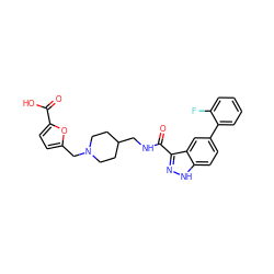 O=C(O)c1ccc(CN2CCC(CNC(=O)c3n[nH]c4ccc(-c5ccccc5F)cc34)CC2)o1 ZINC000220804427