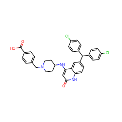 O=C(O)c1ccc(CN2CCC(Nc3cc(=O)[nH]c4ccc(C(c5ccc(Cl)cc5)c5ccc(Cl)cc5)cc34)CC2)cc1 ZINC001772647780