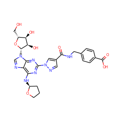 O=C(O)c1ccc(CNC(=O)c2cnn(-c3nc(N[C@H]4CCCO4)c4ncn([C@@H]5O[C@H](CO)[C@@H](O)[C@H]5O)c4n3)c2)cc1 ZINC000028817639