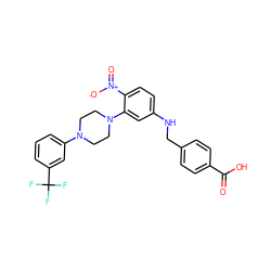 O=C(O)c1ccc(CNc2ccc([N+](=O)[O-])c(N3CCN(c4cccc(C(F)(F)F)c4)CC3)c2)cc1 ZINC000013589482