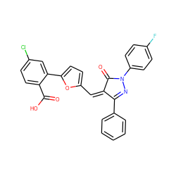 O=C(O)c1ccc(Cl)cc1-c1ccc(/C=C2\C(=O)N(c3ccc(F)cc3)N=C2c2ccccc2)o1 ZINC000653819711