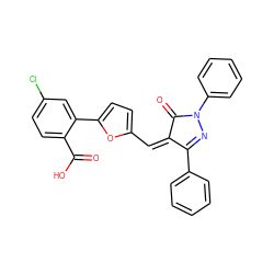 O=C(O)c1ccc(Cl)cc1-c1ccc(/C=C2\C(=O)N(c3ccccc3)N=C2c2ccccc2)o1 ZINC000653840733