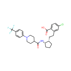 O=C(O)c1ccc(Cl)cc1CC[C@@H]1CCC[C@@H]1NC(=O)C1CCN(c2ccc(C(F)(F)F)cc2)CC1 ZINC001772629103