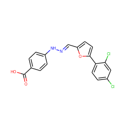 O=C(O)c1ccc(N/N=C/c2ccc(-c3ccc(Cl)cc3Cl)o2)cc1 ZINC000005528771