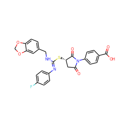 O=C(O)c1ccc(N2C(=O)C[C@H](S/C(=N/c3ccc(F)cc3)NCc3ccc4c(c3)OCO4)C2=O)cc1 ZINC000017824203
