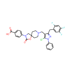 O=C(O)c1ccc(N2CC3(CCN(Cc4c(Cc5cc(F)c(F)cc5F)nn(-c5ccccc5)c4Cl)CC3)OC2=O)cc1 ZINC000144591388