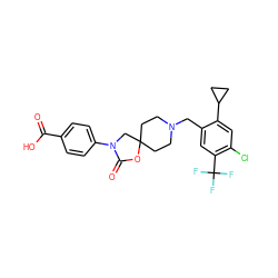 O=C(O)c1ccc(N2CC3(CCN(Cc4cc(C(F)(F)F)c(Cl)cc4C4CC4)CC3)OC2=O)cc1 ZINC000144586780