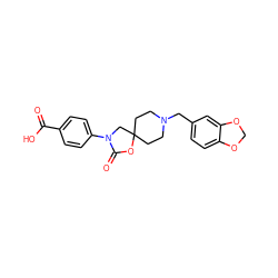 O=C(O)c1ccc(N2CC3(CCN(Cc4ccc5c(c4)OCO5)CC3)OC2=O)cc1 ZINC000114357965