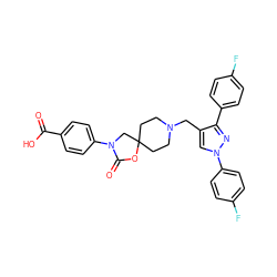 O=C(O)c1ccc(N2CC3(CCN(Cc4cn(-c5ccc(F)cc5)nc4-c4ccc(F)cc4)CC3)OC2=O)cc1 ZINC000144519443