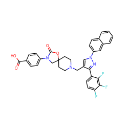 O=C(O)c1ccc(N2CC3(CCN(Cc4cn(-c5ccc6ccccc6c5)nc4-c4ccc(F)c(F)c4F)CC3)OC2=O)cc1 ZINC000144599221