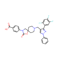 O=C(O)c1ccc(N2CC3(CCN(Cc4cn(-c5ccccc5)nc4-c4cc(F)c(F)cc4F)CC3)OC2=O)cc1 ZINC000146006828