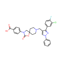 O=C(O)c1ccc(N2CC3(CCN(Cc4cn(-c5ccccc5)nc4-c4ccc(F)c(Cl)c4)CC3)OC2=O)cc1 ZINC000114356279