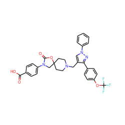 O=C(O)c1ccc(N2CC3(CCN(Cc4cn(-c5ccccc5)nc4-c4ccc(OC(F)(F)F)cc4)CC3)OC2=O)cc1 ZINC000169702627