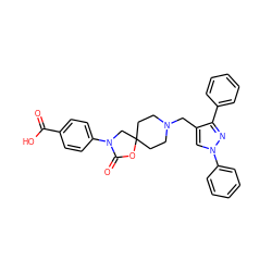 O=C(O)c1ccc(N2CC3(CCN(Cc4cn(-c5ccccc5)nc4-c4ccccc4)CC3)OC2=O)cc1 ZINC000144590409