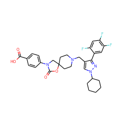 O=C(O)c1ccc(N2CC3(CCN(Cc4cn(C5CCCCC5)nc4-c4cc(F)c(F)cc4F)CC3)OC2=O)cc1 ZINC000144532347