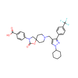 O=C(O)c1ccc(N2CC3(CCN(Cc4cn(C5CCCCC5)nc4-c4ccc(C(F)(F)F)cc4)CC3)OC2=O)cc1 ZINC000169702626