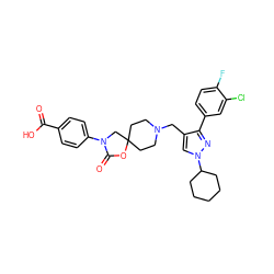 O=C(O)c1ccc(N2CC3(CCN(Cc4cn(C5CCCCC5)nc4-c4ccc(F)c(Cl)c4)CC3)OC2=O)cc1 ZINC000144700191