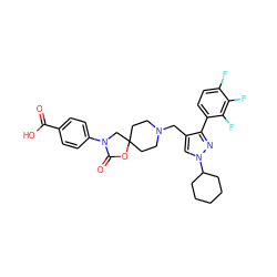 O=C(O)c1ccc(N2CC3(CCN(Cc4cn(C5CCCCC5)nc4-c4ccc(F)c(F)c4F)CC3)OC2=O)cc1 ZINC000114362096