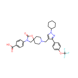 O=C(O)c1ccc(N2CC3(CCN(Cc4cn(C5CCCCC5)nc4-c4ccc(OC(F)(F)F)cc4)CC3)OC2=O)cc1 ZINC000114360449