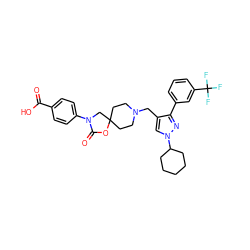 O=C(O)c1ccc(N2CC3(CCN(Cc4cn(C5CCCCC5)nc4-c4cccc(C(F)(F)F)c4)CC3)OC2=O)cc1 ZINC000114359220