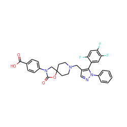 O=C(O)c1ccc(N2CC3(CCN(Cc4cnn(-c5ccccc5)c4-c4cc(F)c(F)cc4F)CC3)OC2=O)cc1 ZINC000144613431