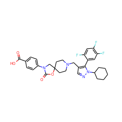 O=C(O)c1ccc(N2CC3(CCN(Cc4cnn(C5CCCCC5)c4-c4cc(F)c(F)cc4F)CC3)OC2=O)cc1 ZINC000114360884