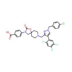 O=C(O)c1ccc(N2CC3(CCN(Cc4nn(Cc5ccc(Cl)cc5)cc4-c4cc(F)c(F)cc4F)CC3)OC2=O)cc1 ZINC000144544661