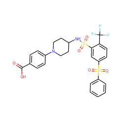 O=C(O)c1ccc(N2CCC(NS(=O)(=O)c3cc(S(=O)(=O)c4ccccc4)ccc3C(F)(F)F)CC2)cc1 ZINC000049746597