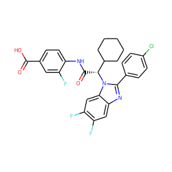 O=C(O)c1ccc(NC(=O)[C@H](C2CCCCC2)n2c(-c3ccc(Cl)cc3)nc3cc(F)c(F)cc32)c(F)c1 ZINC000064744165