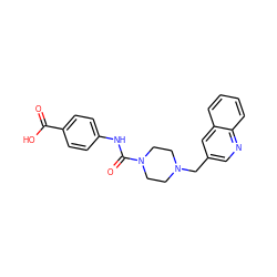 O=C(O)c1ccc(NC(=O)N2CCN(Cc3cnc4ccccc4c3)CC2)cc1 ZINC000200261539