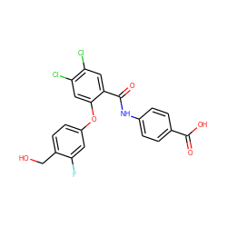 O=C(O)c1ccc(NC(=O)c2cc(Cl)c(Cl)cc2Oc2ccc(CO)c(F)c2)cc1 ZINC000218493330