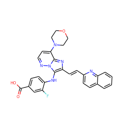 O=C(O)c1ccc(Nc2c(/C=C/c3ccc4ccccc4n3)nc3c(N4CCOCC4)ccnn23)c(F)c1 ZINC001772627079