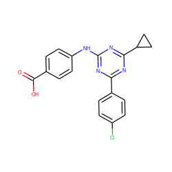 O=C(O)c1ccc(Nc2nc(-c3ccc(Cl)cc3)nc(C3CC3)n2)cc1 ZINC000143704554