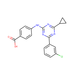 O=C(O)c1ccc(Nc2nc(-c3cccc(Cl)c3)nc(C3CC3)n2)cc1 ZINC000142664293