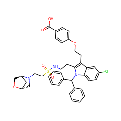 O=C(O)c1ccc(OCCc2c(CCNS(=O)(=O)CCN3C[C@H]4C[C@H]3CO4)n(C(c3ccccc3)c3ccccc3)c3ccc(Cl)cc23)cc1 ZINC000261135332